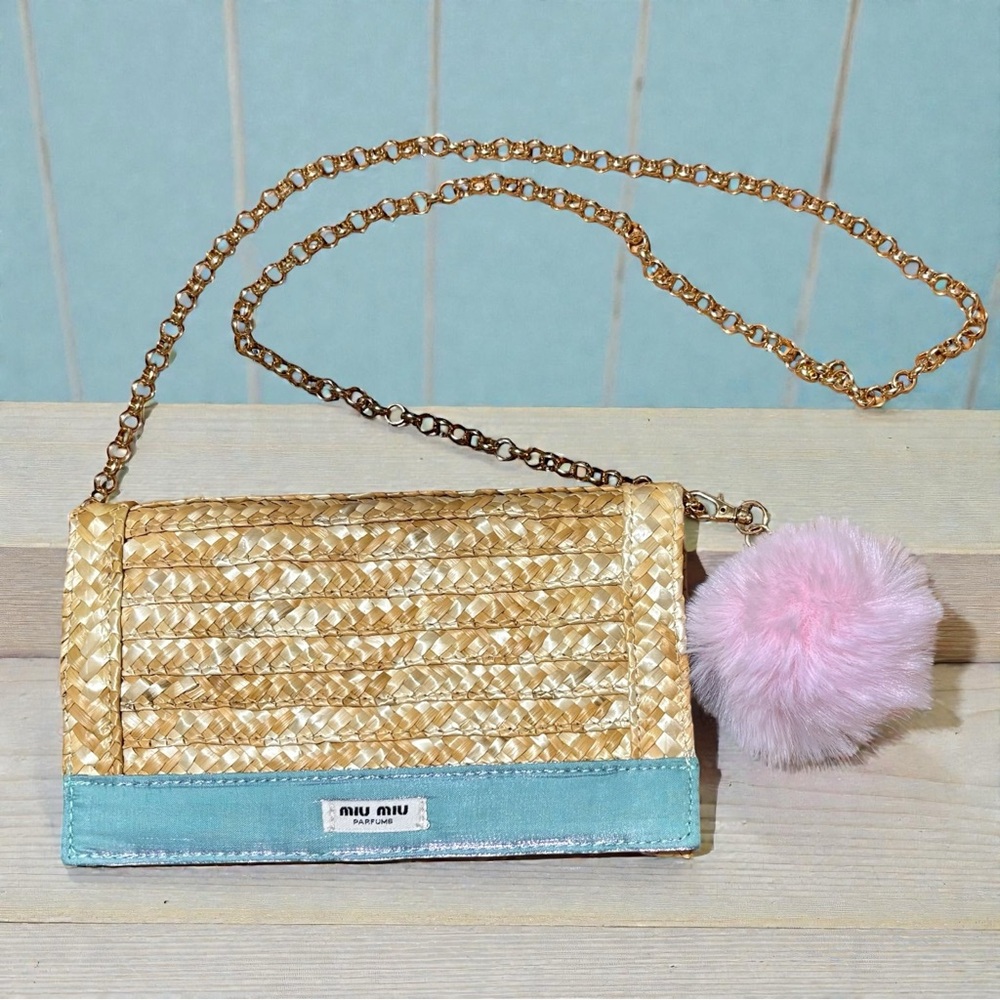 Miu Miu Straw Crossbody Bag with Pink Pom Pom